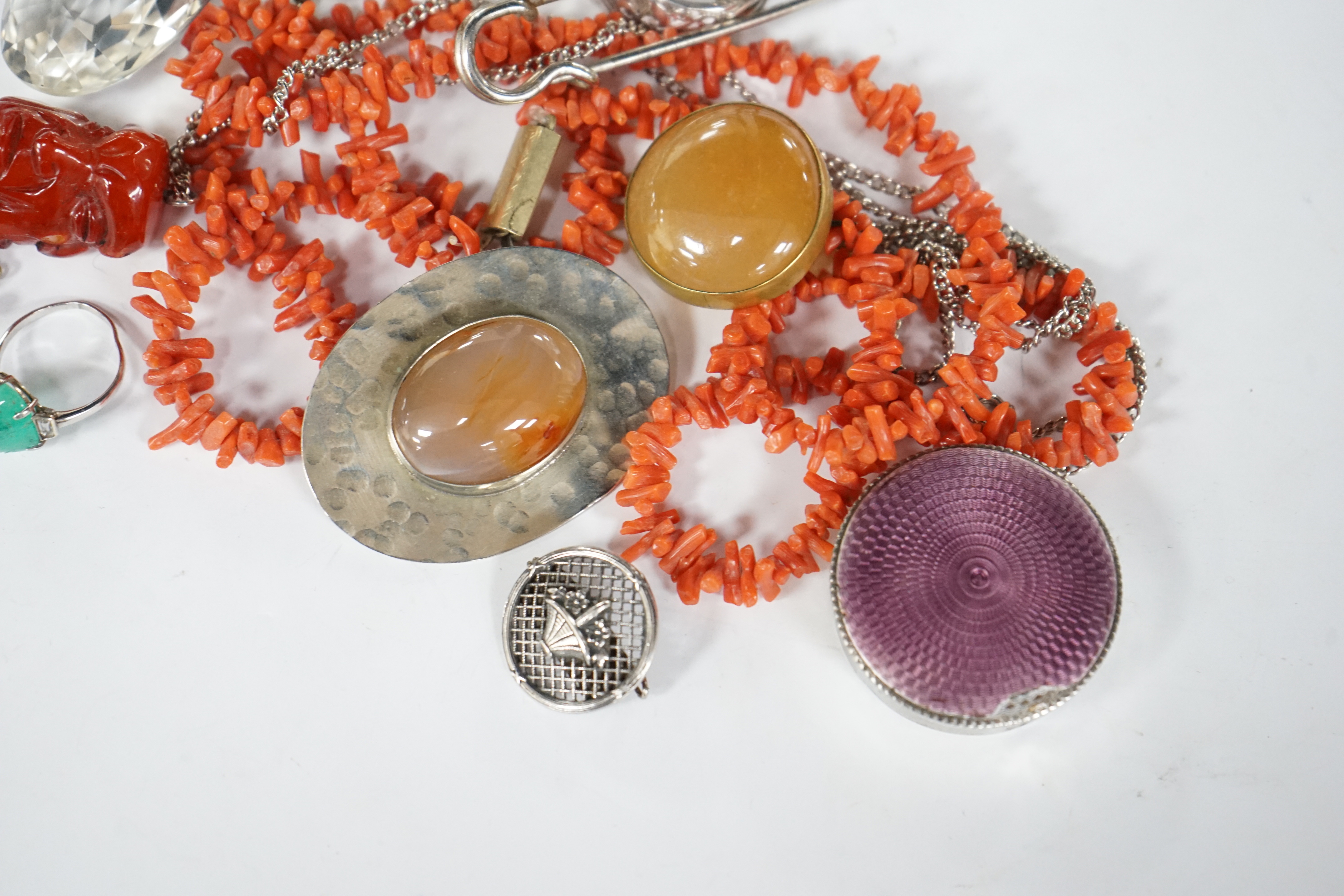 Sundry jewellery and other items including a coral branch necklace, silver brooch, silver and enamelled pill box, 9ct and cabochon emerald ring, pair of lapis lazuli earrings etc.